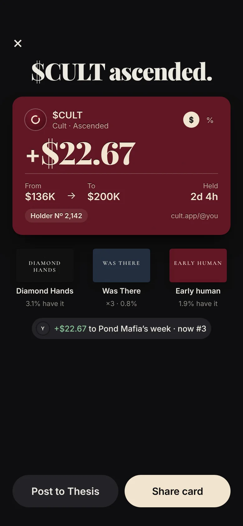 The ascension card: $CULT ascended, from $136K to $200K.