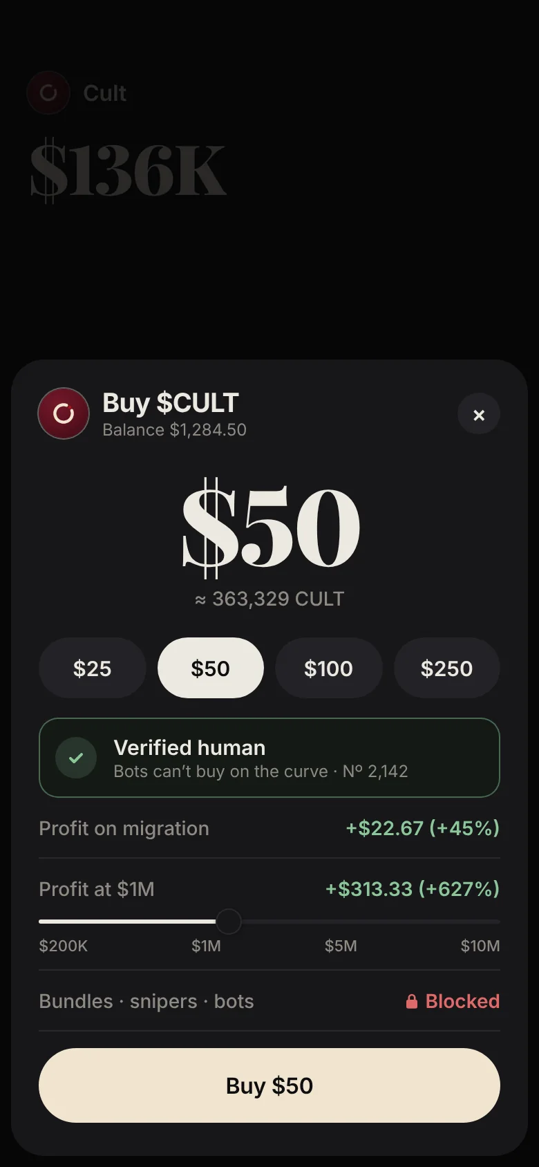A $50 trade of $CULT, marked Verified human. Bundles, snipers and bots: blocked.