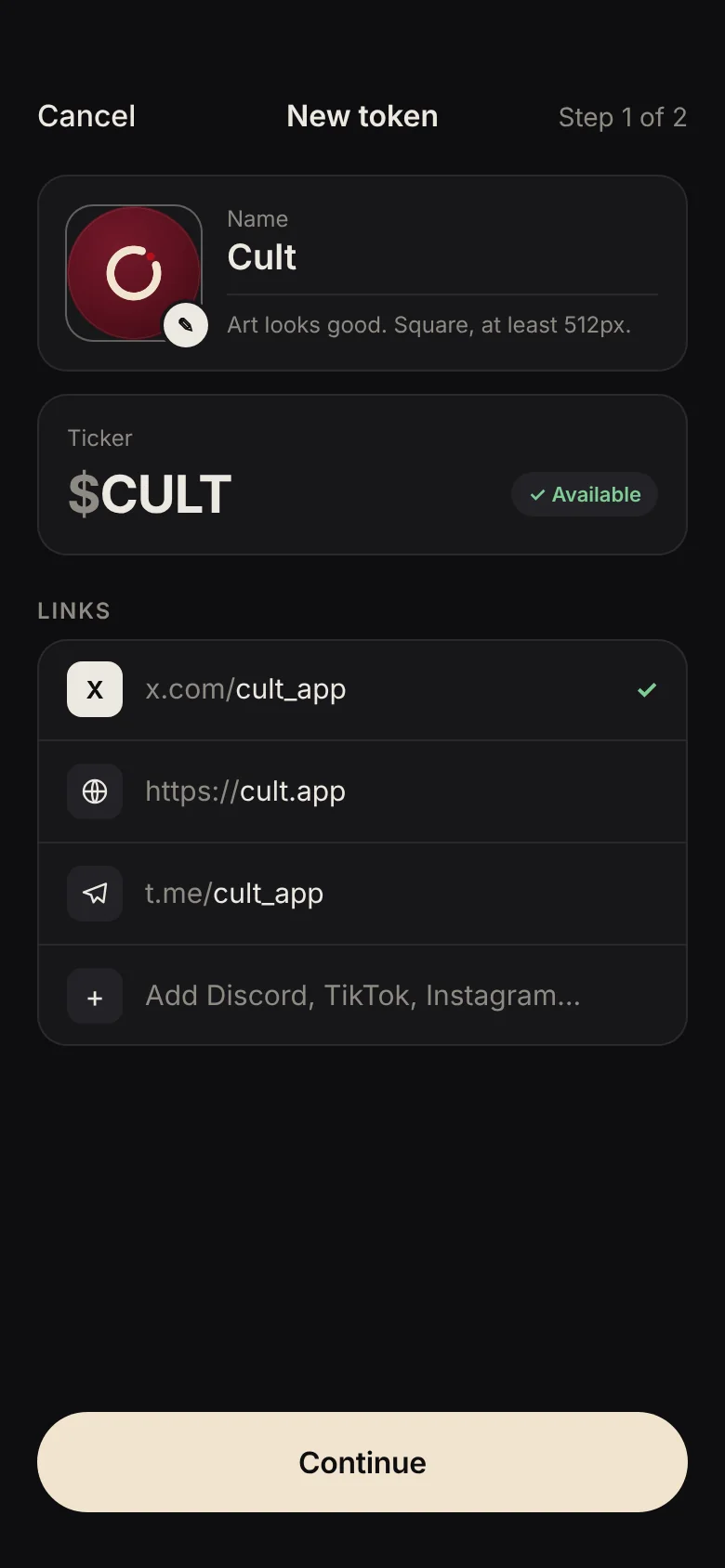 The Cult launch form: a coin called Cult, ticker $CULT, marked available.